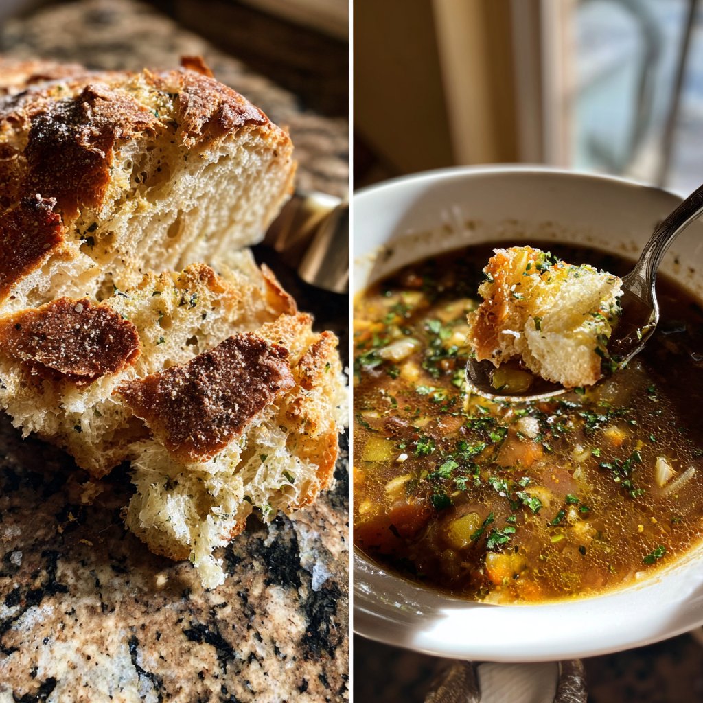 Abendessen mit Suppe und Brot